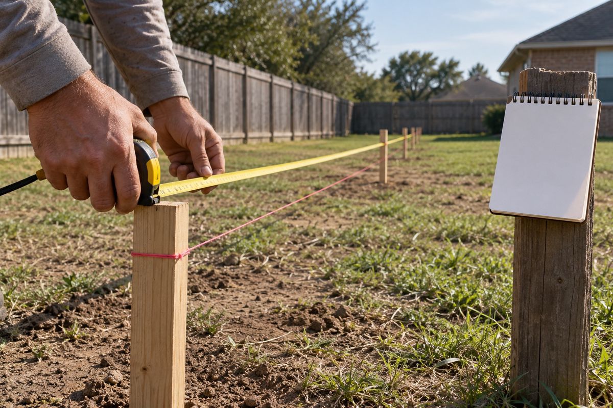 Hands measuring a fence line with a tape and stakes