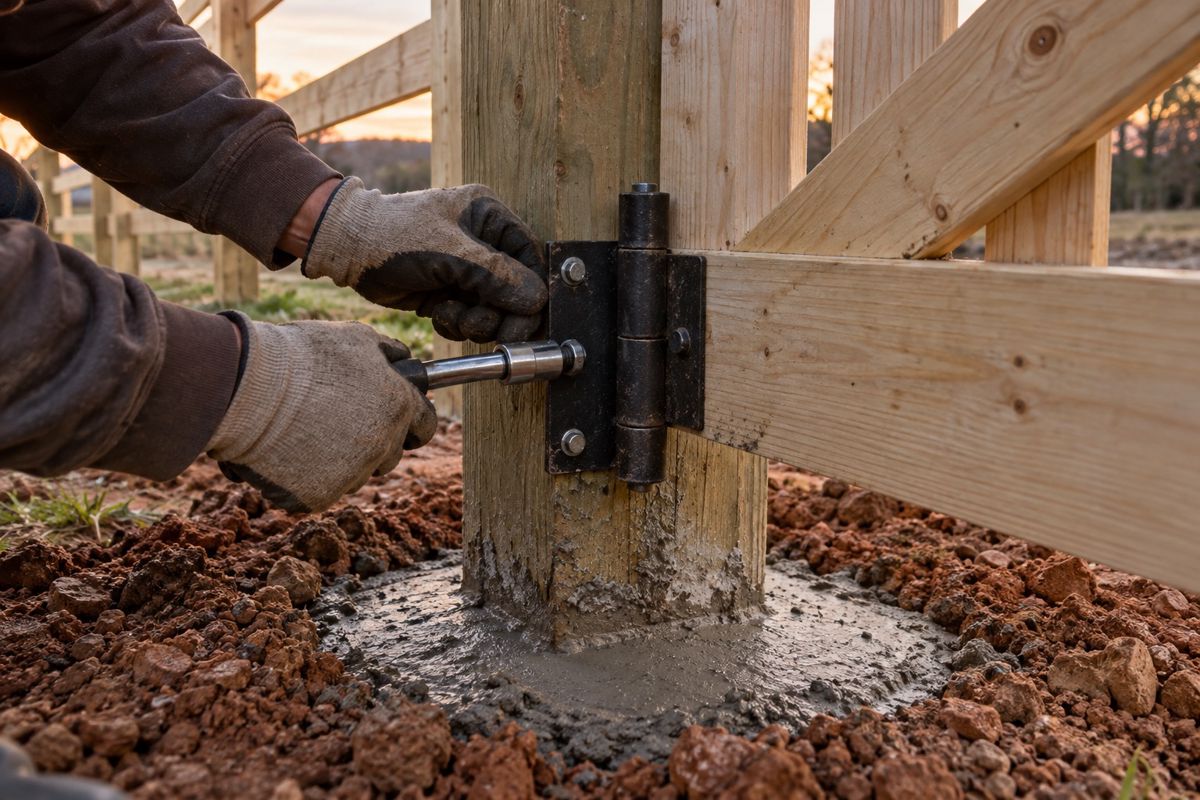 Gloved hands fitting a gate hinge to a concrete-set post