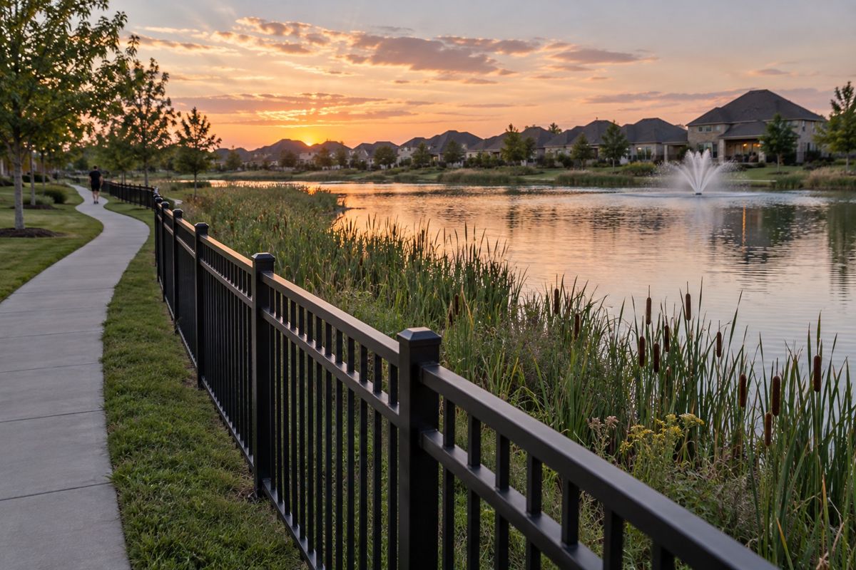 Black aluminum fence beside a neighborhood pond in Texas