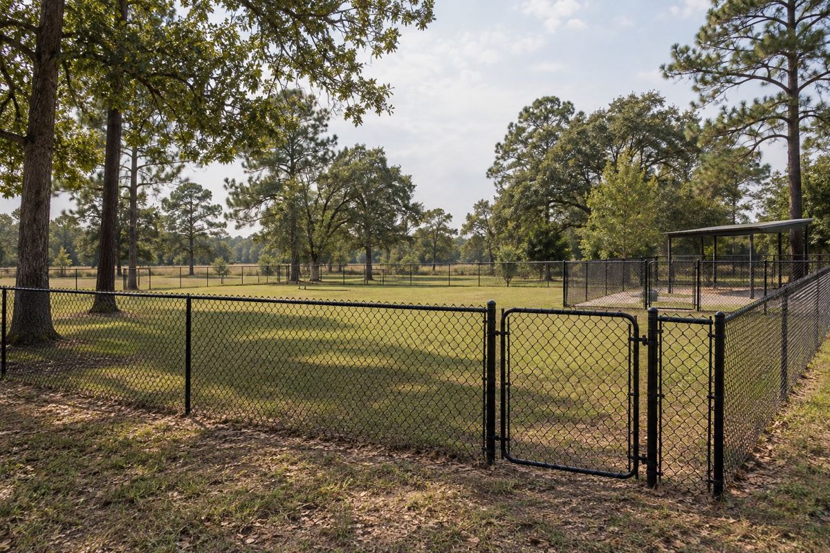 Black coated chain link fence around a large grassy lot