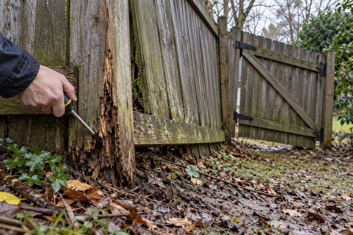 Leaning wood fence and sagging gate with a rotted post base