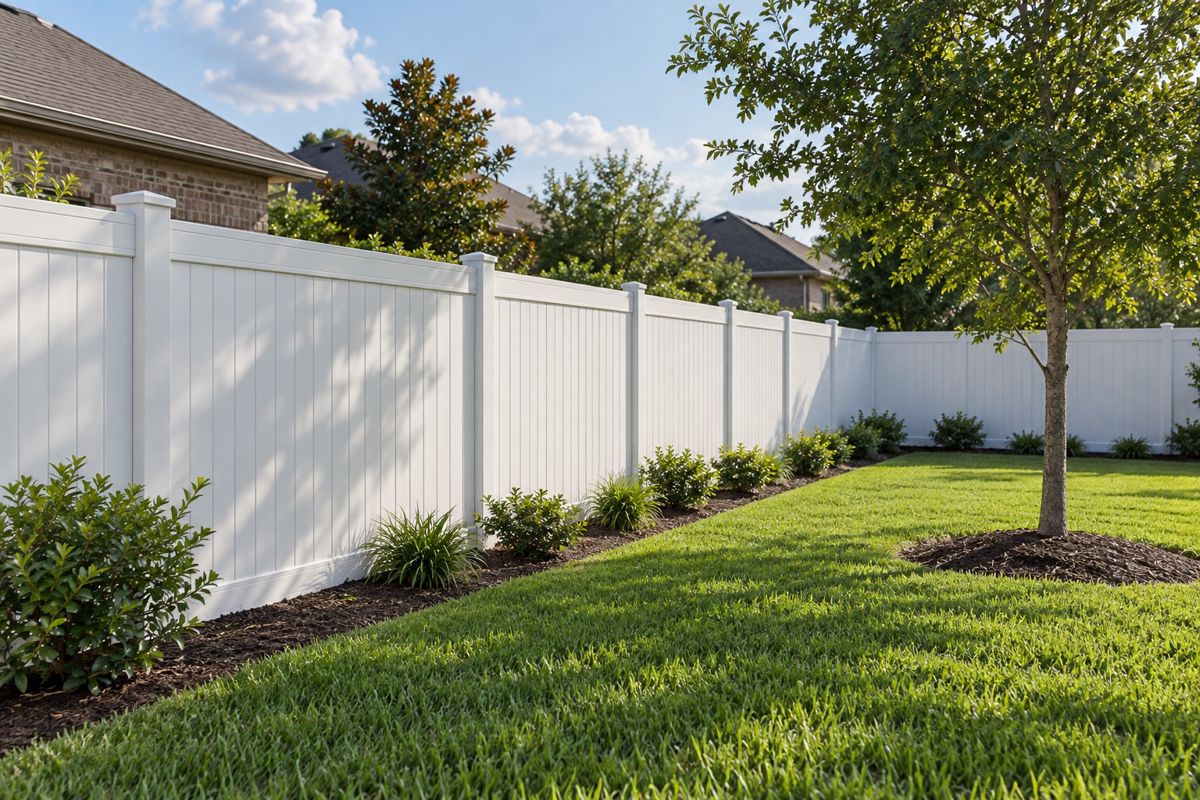 White vinyl privacy fence along a green Texas backyard