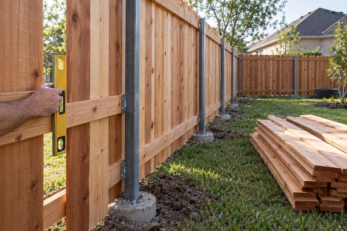 Cedar board-on-board fence being built with steel posts